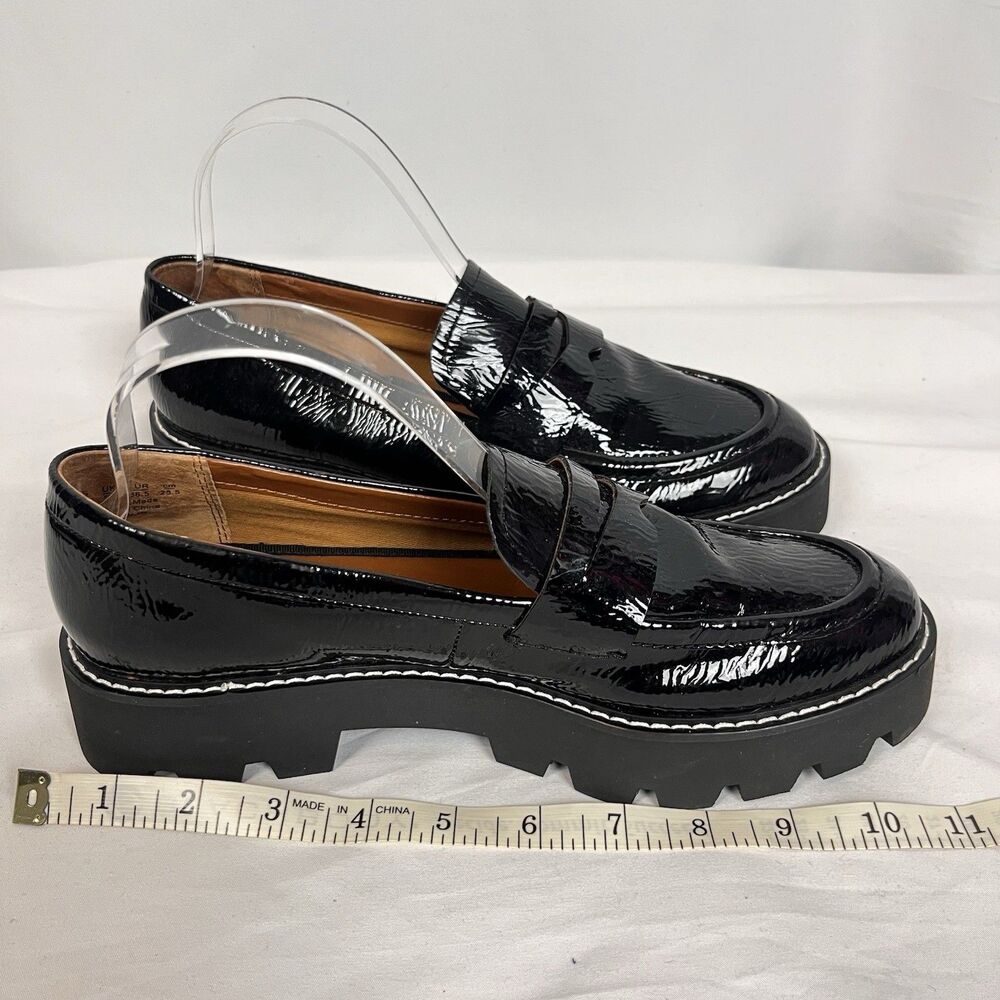 Franco Sarto Black Patent Loafers Lug Sole Preppy Academia Chic Size 8.5 - Picture 6 of 11
